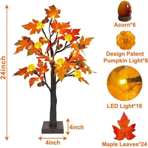 2 Pack 24" Prelit Fall Maple Tree, 48 LEDs, 3D Pumpkin‎ Lights, Battery Operated - Picture 5 of 7